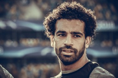 Kiev, Ukrayna - 26 Mayıs 2018: Mohamed Salah ve eğitim 2018 Uefa Şampiyonlar Ligi final maçında Real Madrid ve Liverpool, Ukrayna arasında önce bir Liverpool futbol oyuncuları