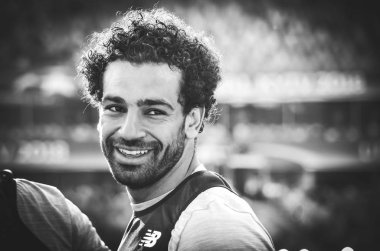 Kiev, Ukrayna - 26 Mayıs 2018: Mohamed Salah ve eğitim 2018 Uefa Şampiyonlar Ligi final maçında Real Madrid ve Liverpool, Ukrayna arasında önce bir Liverpool futbol oyuncuları