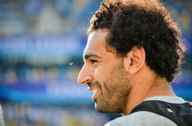 Kiev, Ukrayna - 26 Mayıs 2018: Mohamed Salah ve eğitim 2018 Uefa Şampiyonlar Ligi final maçında Real Madrid ve Liverpool, Ukrayna arasında önce bir Liverpool futbol oyuncuları