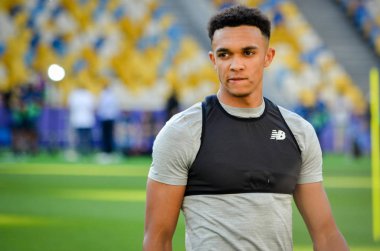 Kiev, Ukrayna - 26 Mayıs 2018: Trent Alexander-Arnold ve eğitim 2018 Uefa Şampiyonlar Ligi final maçında Real Madrid ve Liverpool, Ukrayna arasında önce bir Liverpool futbol oyuncuları