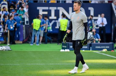 Kiev, Ukrayna - 26 Mayıs 2018: Simon Mignolet ve eğitim 2018 Uefa Şampiyonlar Ligi final maçında Real Madrid ve Liverpool, Ukrayna arasında önce bir Liverpool futbol oyuncuları
