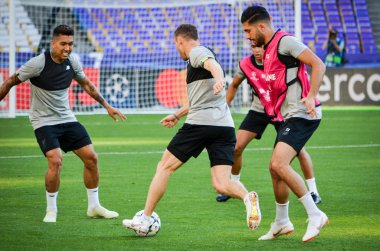 Kiev, Ukrayna - 26 Mayıs 2018: Eğitim 2018 Uefa Şampiyonlar Ligi final maçında Real Madrid ve Liverpool, Ukrayna arasında önce bir Liverpool futbol oyuncuları