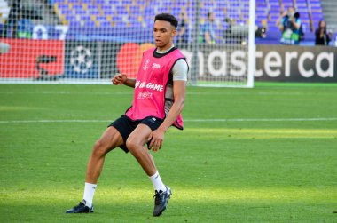 Kiev, Ukrayna - 26 Mayıs 2018: Trent Alexander-Arnold ve eğitim 2018 Uefa Şampiyonlar Ligi final maçında Real Madrid ve Liverpool, Ukrayna arasında önce bir Liverpool futbol oyuncuları