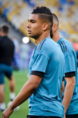 Kiev, Ukrayna - 26 Mayıs 2018: Casemiro ve eğitim 2018 Uefa Şampiyonlar Ligi final maçında Real Madrid ve Liverpool, Ukrayna arasında daha önce Real Madrid futbol oyuncuları
