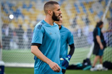 Kiev, Ukrayna - 26 Mayıs 2018: Karim Benzema eğitim 2018 Uefa Şampiyonlar Ligi final maçında Real Madrid ve Liverpool, Ukrayna arasında daha önce Real Madrid futbol oyuncuları
