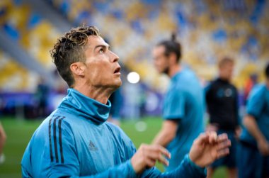 Kiev, Ukrayna - 26 Mayıs 2018: Cristiano Ronaldo ve eğitim 2018 Uefa Şampiyonlar Ligi final maçında Real Madrid ve Liverpool, Ukrayna arasında daha önce Real Madrid futbol oyuncuları
