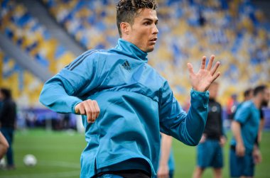 Kiev, Ukrayna - 26 Mayıs 2018: Cristiano Ronaldo ve eğitim 2018 Uefa Şampiyonlar Ligi final maçında Real Madrid ve Liverpool, Ukrayna arasında daha önce Real Madrid futbol oyuncuları