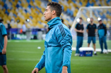 Kiev, Ukrayna - 26 Mayıs 2018: Cristiano Ronaldo ve eğitim 2018 Uefa Şampiyonlar Ligi final maçında Real Madrid ve Liverpool, Ukrayna arasında daha önce Real Madrid futbol oyuncuları
