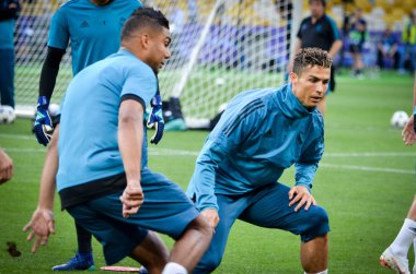Kiev, Ukrayna - 26 Mayıs 2018: Cristiano Ronaldo ve eğitim 2018 Uefa Şampiyonlar Ligi final maçında Real Madrid ve Liverpool, Ukrayna arasında daha önce Real Madrid futbol oyuncuları