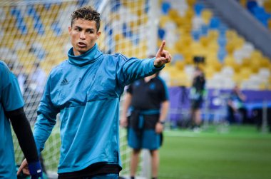 Kiev, Ukrayna - 26 Mayıs 2018: Cristiano Ronaldo ve eğitim 2018 Uefa Şampiyonlar Ligi final maçında Real Madrid ve Liverpool, Ukrayna arasında daha önce Real Madrid futbol oyuncuları