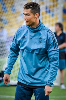Kiev, Ukrayna - 26 Mayıs 2018: Cristiano Ronaldo ve eğitim 2018 Uefa Şampiyonlar Ligi final maçında Real Madrid ve Liverpool, Ukrayna arasında daha önce Real Madrid futbol oyuncuları