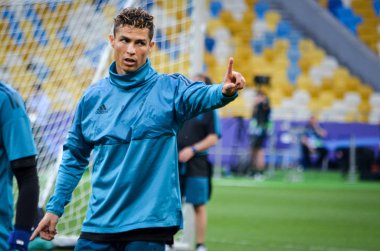 Kiev, Ukrayna - 26 Mayıs 2018: Cristiano Ronaldo ve eğitim 2018 Uefa Şampiyonlar Ligi final maçında Real Madrid ve Liverpool, Ukrayna arasında daha önce Real Madrid futbol oyuncuları