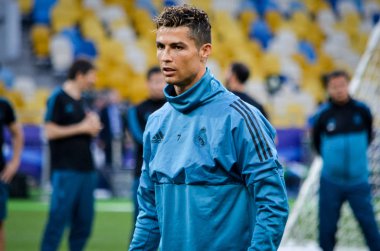 Kiev, Ukrayna - 26 Mayıs 2018: Cristiano Ronaldo ve eğitim 2018 Uefa Şampiyonlar Ligi final maçında Real Madrid ve Liverpool, Ukrayna arasında daha önce Real Madrid futbol oyuncuları