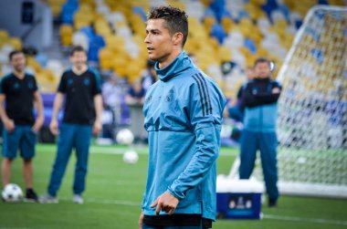 Kiev, Ukrayna - 26 Mayıs 2018: Cristiano Ronaldo ve eğitim 2018 Uefa Şampiyonlar Ligi final maçında Real Madrid ve Liverpool, Ukrayna arasında daha önce Real Madrid futbol oyuncuları