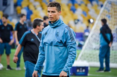 Kiev, Ukrayna - 26 Mayıs 2018: Cristiano Ronaldo ve eğitim 2018 Uefa Şampiyonlar Ligi final maçında Real Madrid ve Liverpool, Ukrayna arasında daha önce Real Madrid futbol oyuncuları