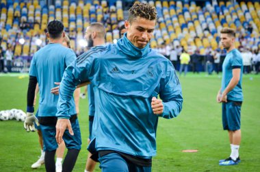 Kiev, Ukrayna - 26 Mayıs 2018: Cristiano Ronaldo ve eğitim 2018 Uefa Şampiyonlar Ligi final maçında Real Madrid ve Liverpool, Ukrayna arasında daha önce Real Madrid futbol oyuncuları