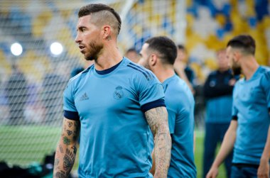 Kiev, Ukrayna - 26 Mayıs 2018: Sergio Ramos ve eğitim 2018 Uefa Şampiyonlar Ligi final maçında Real Madrid ve Liverpool, Ukrayna arasında daha önce Real Madrid futbol oyuncuları