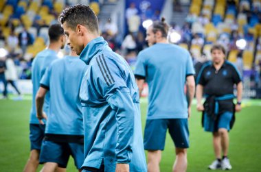 Kiev, Ukrayna - 26 Mayıs 2018: Cristiano Ronaldo ve eğitim 2018 Uefa Şampiyonlar Ligi final maçında Real Madrid ve Liverpool, Ukrayna arasında daha önce Real Madrid futbol oyuncuları