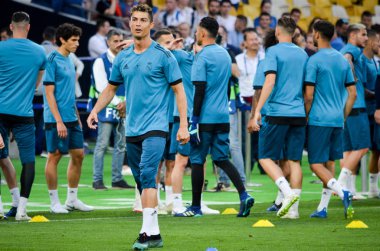 Kiev, Ukrayna - 26 Mayıs 2018: Cristiano Ronaldo ve eğitim 2018 Uefa Şampiyonlar Ligi final maçında Real Madrid ve Liverpool, Ukrayna arasında daha önce Real Madrid futbol oyuncuları