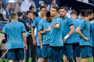 Kiev, Ukrayna - 26 Mayıs 2018: Cristiano Ronaldo ve eğitim 2018 Uefa Şampiyonlar Ligi final maçında Real Madrid ve Liverpool, Ukrayna arasında daha önce Real Madrid futbol oyuncuları