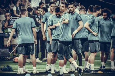 Kiev, Ukrayna - 26 Mayıs 2018: Cristiano Ronaldo ve eğitim 2018 Uefa Şampiyonlar Ligi final maçında Real Madrid ve Liverpool, Ukrayna arasında daha önce Real Madrid futbol oyuncuları