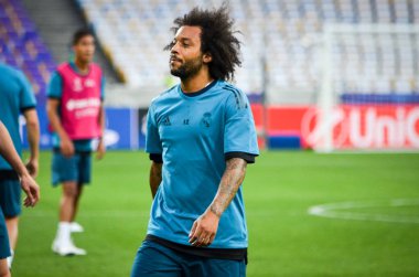 Kiev, Ukrayna - 26 Mayıs 2018: Marcelo ve eğitim 2018 Uefa Şampiyonlar Ligi final maçında Real Madrid ve Liverpool, Ukrayna arasında daha önce Real Madrid futbol oyuncuları