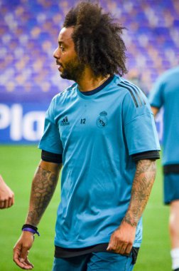 Kiev, Ukrayna - 26 Mayıs 2018: Marcelo ve eğitim 2018 Uefa Şampiyonlar Ligi final maçında Real Madrid ve Liverpool, Ukrayna arasında daha önce Real Madrid futbol oyuncuları
