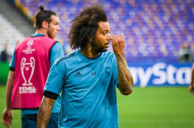 Kiev, Ukrayna - 26 Mayıs 2018: Marcelo ve eğitim 2018 Uefa Şampiyonlar Ligi final maçında Real Madrid ve Liverpool, Ukrayna arasında daha önce Real Madrid futbol oyuncuları