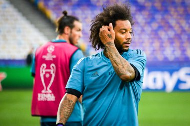 Kiev, Ukrayna - 26 Mayıs 2018: Marcelo ve eğitim 2018 Uefa Şampiyonlar Ligi final maçında Real Madrid ve Liverpool, Ukrayna arasında daha önce Real Madrid futbol oyuncuları