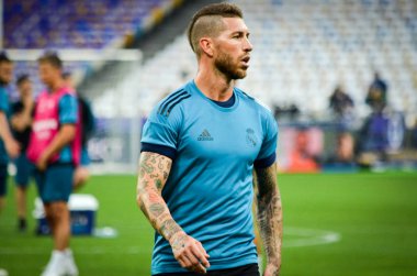 Kiev, Ukrayna - 26 Mayıs 2018: Sergio Ramos ve eğitim 2018 Uefa Şampiyonlar Ligi final maçında Real Madrid ve Liverpool, Ukrayna arasında daha önce Real Madrid futbol oyuncuları