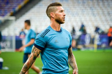 Kiev, Ukrayna - 26 Mayıs 2018: Sergio Ramos ve eğitim 2018 Uefa Şampiyonlar Ligi final maçında Real Madrid ve Liverpool, Ukrayna arasında daha önce Real Madrid futbol oyuncuları