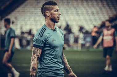 Kiev, Ukrayna - 26 Mayıs 2018: Sergio Ramos ve eğitim 2018 Uefa Şampiyonlar Ligi final maçında Real Madrid ve Liverpool, Ukrayna arasında daha önce Real Madrid futbol oyuncuları