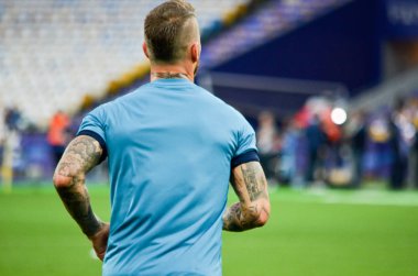 Kiev, Ukrayna - 26 Mayıs 2018: Sergio Ramos ve eğitim 2018 Uefa Şampiyonlar Ligi final maçında Real Madrid ve Liverpool, Ukrayna arasında daha önce Real Madrid futbol oyuncuları