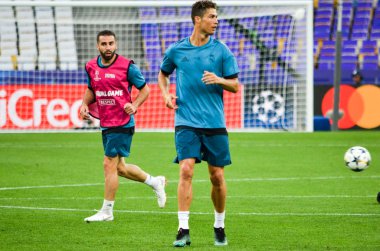 Kiev, Ukrayna - 26 Mayıs 2018: Cristiano Ronaldo ve eğitim 2018 Uefa Şampiyonlar Ligi final maçında Real Madrid ve Liverpool, Ukrayna arasında daha önce Real Madrid futbol oyuncuları