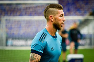Kiev, Ukrayna - 26 Mayıs 2018: Sergio Ramos ve eğitim 2018 Uefa Şampiyonlar Ligi final maçında Real Madrid ve Liverpool, Ukrayna arasında daha önce Real Madrid futbol oyuncuları