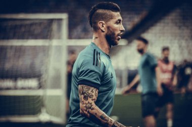 Kiev, Ukrayna - 26 Mayıs 2018: Sergio Ramos ve eğitim 2018 Uefa Şampiyonlar Ligi final maçında Real Madrid ve Liverpool, Ukrayna arasında daha önce Real Madrid futbol oyuncuları
