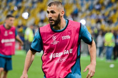 Kiev, Ukrayna - 26 Mayıs 2018: Karim Benzema ve eğitim 2018 Uefa Şampiyonlar Ligi final maçında Real Madrid ve Liverpool, Ukrayna arasında daha önce Real Madrid futbol oyuncuları