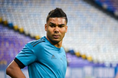 Kiev, Ukrayna - 26 Mayıs 2018: Casemiro ve eğitim 2018 Uefa Şampiyonlar Ligi final maçında Real Madrid ve Liverpool, Ukrayna arasında daha önce Real Madrid futbol oyuncuları