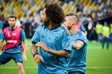 Kiev, Ukrayna - 26 Mayıs 2018: Marcelo ve eğitim 2018 Uefa Şampiyonlar Ligi final maçında Real Madrid ve Liverpool, Ukrayna arasında daha önce Real Madrid futbol oyuncuları