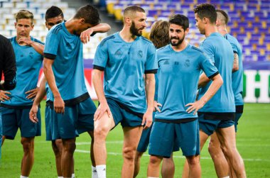 Kiev, Ukrayna - 26 Mayıs 2018: Uefa Şampiyonlar Ligi Finali 2018 önce Real Madrid futbol oyuncuların eğitim maç Real Madrid ve Liverpool, Ukrayna arasında
