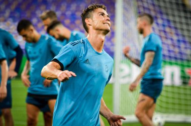 Kiev, Ukrayna - 26 Mayıs 2018: Cristiano Ronaldo ve eğitim 2018 Uefa Şampiyonlar Ligi final maçında Real Madrid ve Liverpool, Ukrayna arasında daha önce Real Madrid futbol oyuncuları
