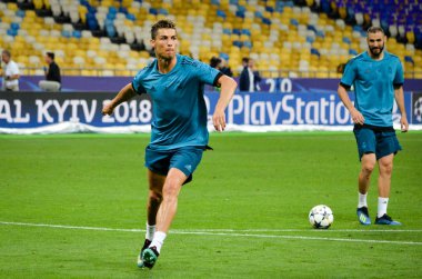 Kiev, Ukrayna - 26 Mayıs 2018: Cristiano Ronaldo ve eğitim 2018 Uefa Şampiyonlar Ligi final maçında Real Madrid ve Liverpool, Ukrayna arasında daha önce Real Madrid futbol oyuncuları
