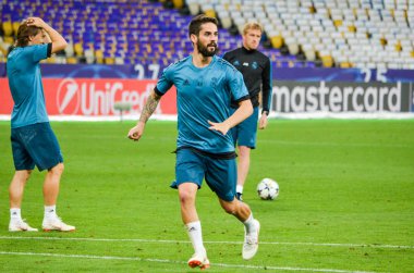 Kiev, Ukrayna - 26 Mayıs 2018: Çifleşme ve eğitim 2018 Uefa Şampiyonlar Ligi final maçında Real Madrid ve Liverpool, Ukrayna arasında daha önce Real Madrid futbol oyuncuları