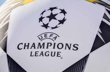 Kiev, Ukrayna - 26 Mayıs 2018: Uefa Şampiyonlar Ligi logo yakın çekim 2018 önce Uefa Şampiyonlar Ligi Finali maç Kiev Ukrayna Milli Güvenlik olimpiyskiy Stadyumu'nda içinde