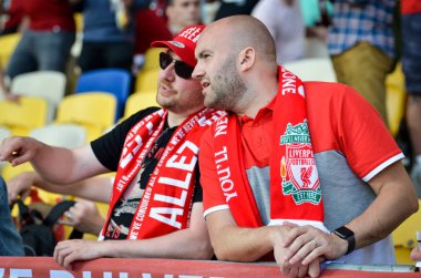 Kiev, Ukrayna - 26 Mayıs 2018: 2018 Uefa Şampiyonlar Ligi final maçı önce Real Madrid ve Liverpool, Ukrayna arasında Liverpool taraftarları Stadı nda takım destek