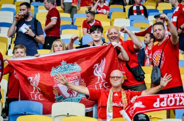 Kiev, Ukrayna - 26 Mayıs 2018: 2018 Uefa Şampiyonlar Ligi final maçı önce Real Madrid ve Liverpool, Ukrayna arasında Liverpool taraftarları Stadı nda takım destek