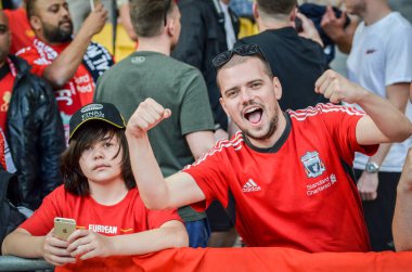 Kiev, Ukrayna - 26 Mayıs 2018: 2018 Uefa Şampiyonlar Ligi final maçı önce Real Madrid ve Liverpool, Ukrayna arasında Liverpool taraftarları Stadı nda takım destek
