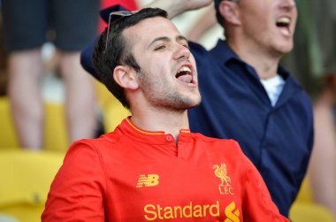 Kiev, Ukrayna - 26 Mayıs 2018: 2018 Uefa Şampiyonlar Ligi final maçı önce Real Madrid ve Liverpool, Ukrayna arasında Liverpool taraftarları Stadı nda takım destek