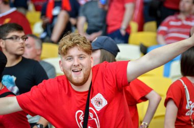 Kiev, Ukrayna - 26 Mayıs 2018: 2018 Uefa Şampiyonlar Ligi final maçı önce Real Madrid ve Liverpool, Ukrayna arasında Liverpool taraftarları Stadı nda takım destek