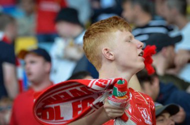 Kiev, Ukrayna - 26 Mayıs 2018: 2018 Uefa Şampiyonlar Ligi final maçı önce Real Madrid ve Liverpool, Ukrayna arasında Liverpool taraftarları Stadı nda takım destek